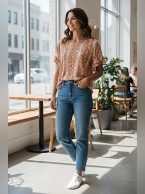 Lane Bryant Peach Snake-Print Ruffle Sleeve Top